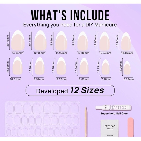 BTArtbox White French Almond Press-On Nails almond shape soft - Picture 3 of 3